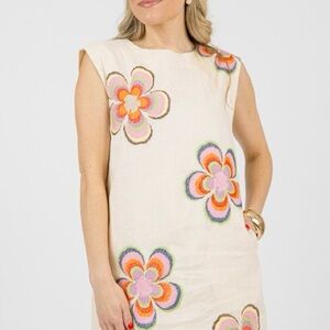 THML Floral Embroidered Shift Dress with Pink and Orange Accents
